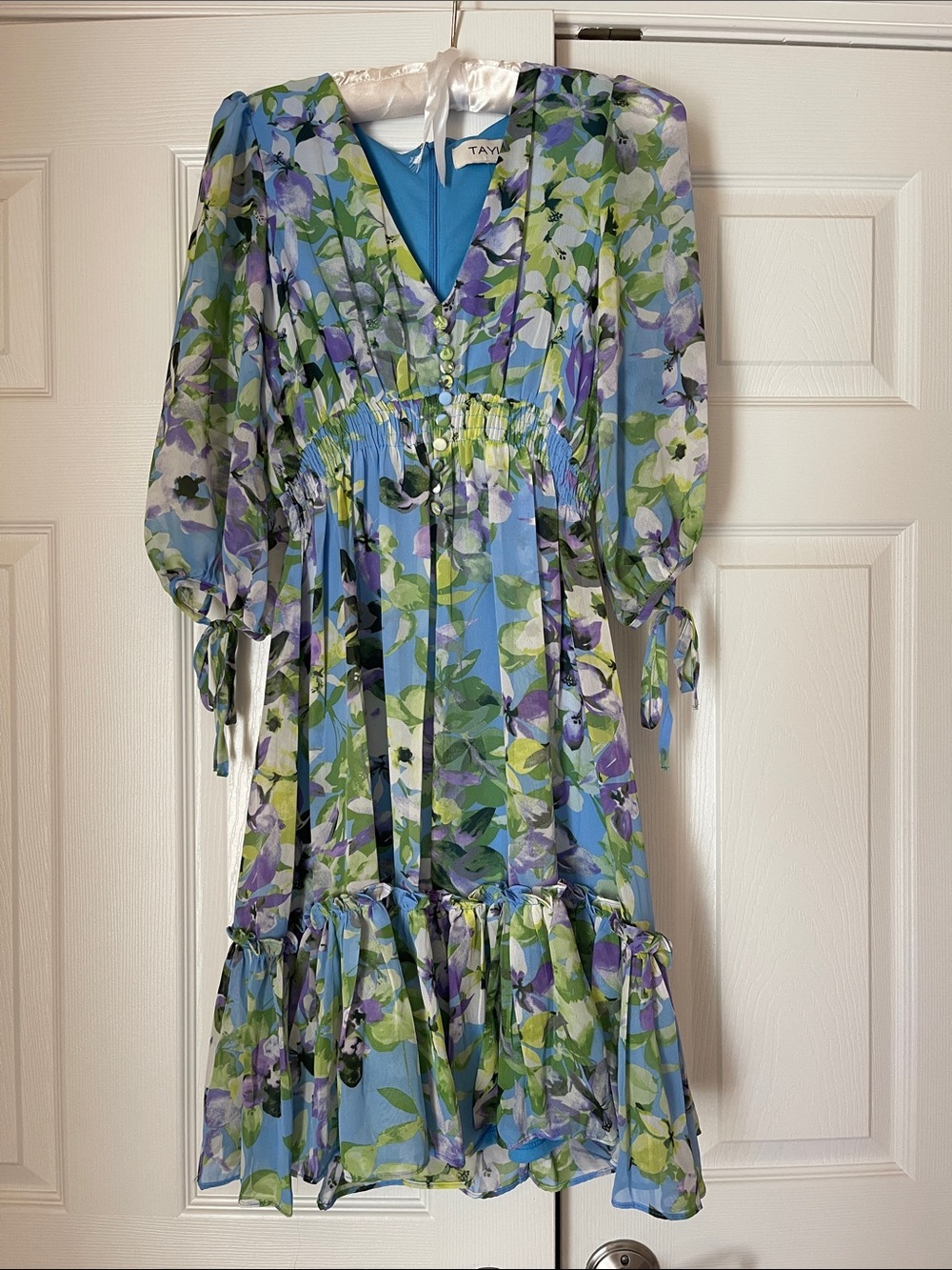 Taylor Floral V-Neck Midi Dress in Blue, Green & Purple